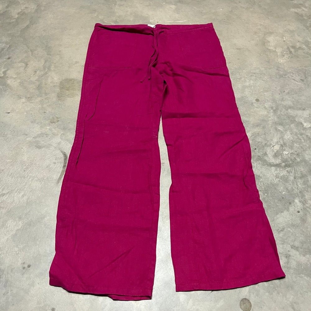 London Jean Magenta Pink 100% Linen Wide Leg Drawstring Pants Women Small H62